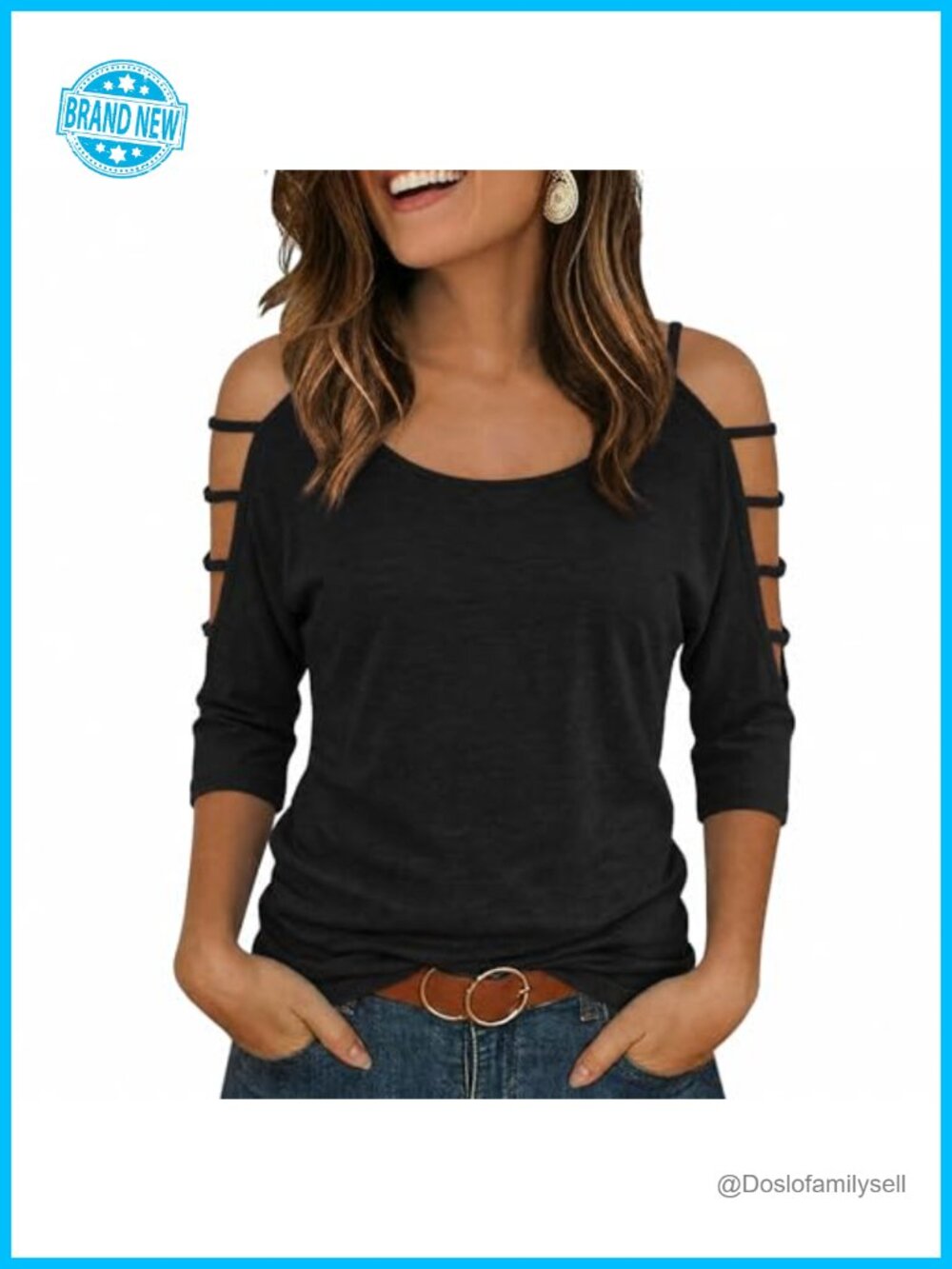 Womens Cold Shoulder Top 3/4 Sleeve Tunic Knit Casual Blouse